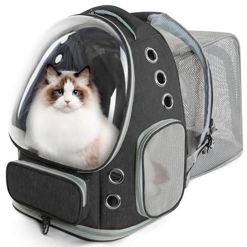 EVERMOW Katzenrucksack-Träger, Katzenblasen-Rucksack, erweiterbar für kleine Katzen, Hunde bis zu 6,8 kg, großer Platz & atmungsaktiver Haustier-Rucksack für Reisen, Wandern (quadratisch erweiterbar, von EVERMOW