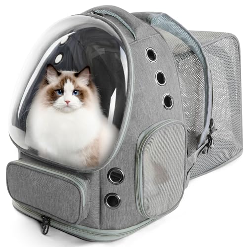 EVERMOW Katzenrucksack-Träger, Katzenblasen-Rucksack, erweiterbar für kleine Katzen, Hunde bis zu 6,8 kg, großer Platz & atmungsaktiver Haustier-Rucksack für Reisen, Wandern (quadratisch erweiterbar, von EVERMOW