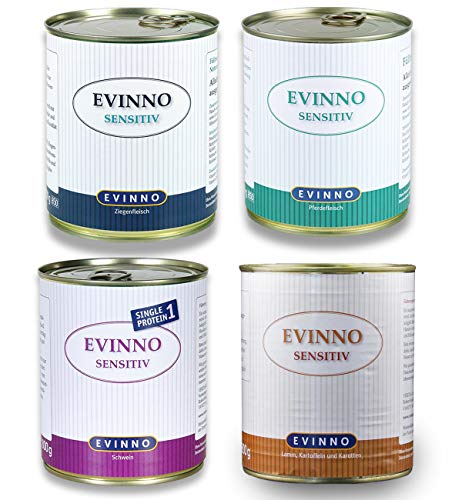 EVINNO Sensitiv Probierset Hundemenü Mix - Premium Hundefutter Schonkost für den sensiblen Hund I Lamm, Ziege, Pferd, Schwein - Nassfutter (12x 800g) von EVINNO