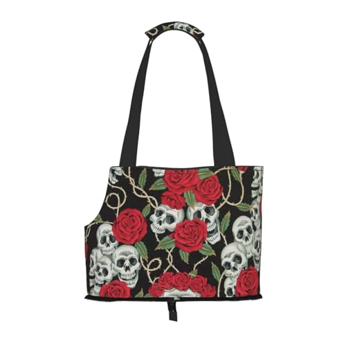 Schädel und rote Rose Tragbare Haustier Tragetasche - Stilvolle Hund Tote & Katze Reisetasche Faltbare Haustier Handtasche für kleine Hunde, Katzen & andere kleine Haustiere von EVIUS