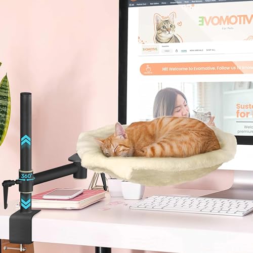 EVOMOTIVE Deskside Dreamer Katzen-Schreibtischbett, kommt mit 2 waschbaren Stoffen: Mesh und Plüsch, Jahreszeiten, 360° drehbar und höhenverstellbar [Beige] Maximales Gewicht 13,6 kg von EVOMOTIVE