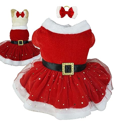 EWFAS Hunde-Weihnachtskostüm - Glänzender Netz-Thermohemd-Wintermantel | Süße Mädchenkleidung, rote Kleider, Hundekatzen-Weihnachts-Ferienoutfit, Hundeoutfit für kleine mittelgroße Hunde von EWFAS