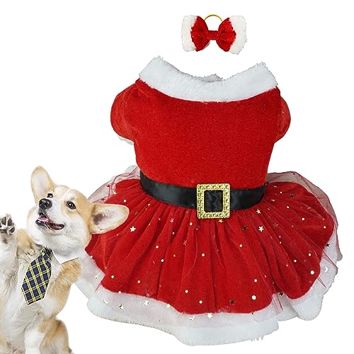 EWFAS Hunde-Weihnachtsoutfit,Glänzender Netz-Thermohemd-Wintermantel | Hunde-Weihnachtsmann-Kostüm, Weihnachtsurlaubsbekleidung, süße Mädchenkleidung, rote Kleider für Weihnachten von EWFAS