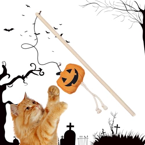 EWOKE Halloween-Katzen-Teaser-Stick | Niedlicher Katzen-Teaser-Stick, interaktives Katzenspielzeug mit Glocke,Kätzchen-Geister-Skelett-Kürbis-Katzenspielzeug aus Holz für gelangweilte Hauskatzen von EWOKE