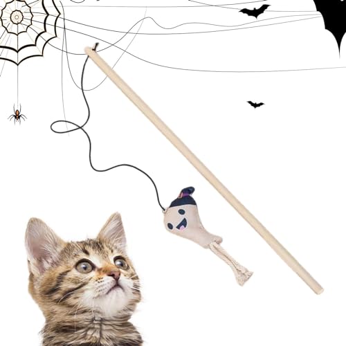 EWOKE Katzenspielzeug für Hauskatzen | Niedlicher Katzen-Teaser-Stick, interaktives Katzenspielzeug mit Glocke,Kätzchen-Geister-Skelett-Kürbis-Katzenspielzeug aus Holz für gelangweilte Hauskatzen von EWOKE