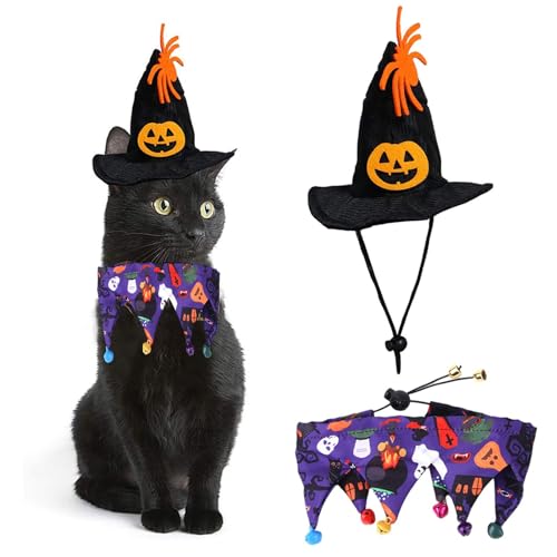 Hexenhut Katze | Halloween Hut Schal-Set mit Kürbisspinne Glocke Design, Katzenkostüm Verstellbares Halloween-Hundezubehör für Katzen und Hunde von Exbert von EXBERT