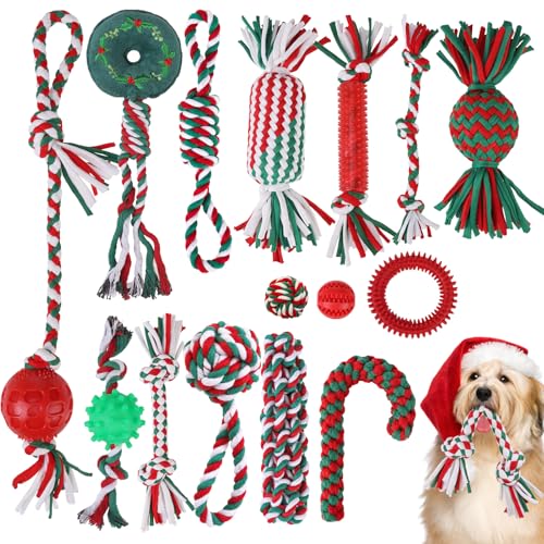 EXPAWLORER Weihnachts-Hundespielzeug, Großpackung, 15 Stück, Hundespielzeugbox, langlebig, quietschendes Seilballspielzeug, unzerstörbares Gummi-Kauspielzeug, interaktives Spielzeug für alle Rassen, von EXPAWLORER