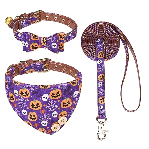 EXPAWLORER Halloween-Hundehalsband und Leine, Set mit Fliege und Hunde-Bandana, Halsband mit Glöckchen, verhedderungsfrei, verstellbare Halsbänder für kleine, mittelgroße und große Hunde, Katzen, von EXPAWLORER