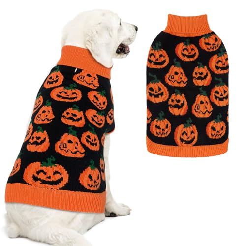 EXPAWLORER Halloween-Hundepullover – Kürbis-Herbst-Hundepullover mit Loch für die Leine, warmer Rollkragenpullover für kleine, mittelgroße und große Hunde und Katzen, Orange, Größe L von EXPAWLORER