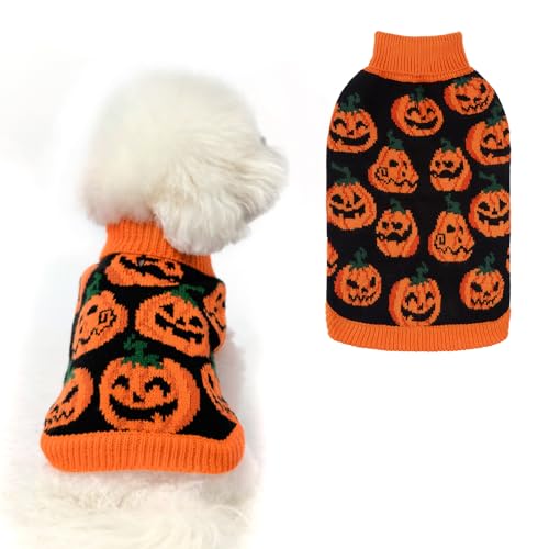 EXPAWLORER Halloween-Hundepullover – Kürbis-Herbst-Hundepullover mit Loch für die Leine, warmer Rollkragenpullover für kleine, mittelgroße und große Hunde und Katzen, Orange, Größe M von EXPAWLORER