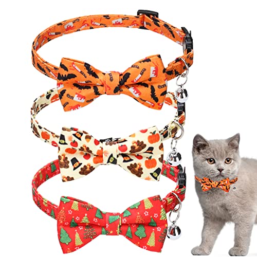 EXPAWLORER Halloween-Katzenhalsband, mit abnehmbarer Glocke, verstellbare Fliege, Katzenhalsbänder für Weihnachten, Erntedankfest, Dekoration, Geschenke, 3 Stück in 3 Stilen von EXPAWLORER