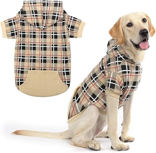 EXPAWLORER Hunde-Kapuzenpullover mit Karomuster, britischer Stil, weicher und warmer Hundepullover mit Loch für die Leine, mit Kapuze, kalte Wetterkleidung, Hunde-Sweatshirt, Outfits, Wintermantel für von EXPAWLORER