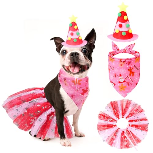 EXPAWLORER Hunde-Weihnachtskostüm – Weihnachts-Hundehalstücher, Hut und Kleid-Set für Mädchen, Haustier-Urlaubskleidung, Party-Kostüme, Dekorations-Zubehör für kleine mittelgroße Welpen von EXPAWLORER