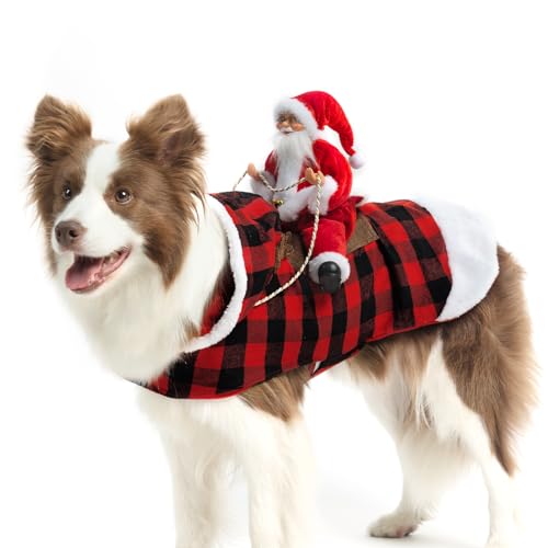 EXPAWLORER Hunde-Weihnachtsoutfit - Hunde-Weihnachtskostüm, Urlaub, karierter Hunde-Kapuzenpullover, Winter, lustiger Weihnachtsmann, reitender Weihnachtshund, Größe L, Rot von EXPAWLORER