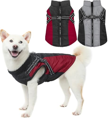 EXPAWLORER Hunde-Wintermantel – Wasserdichter Fleece-Hundemantel mit integriertem Geschirr, reflektierender, winddichter Reißverschluss, Hundejacke für kaltes Wetter, Kleidung für draußen (Grau und von EXPAWLORER