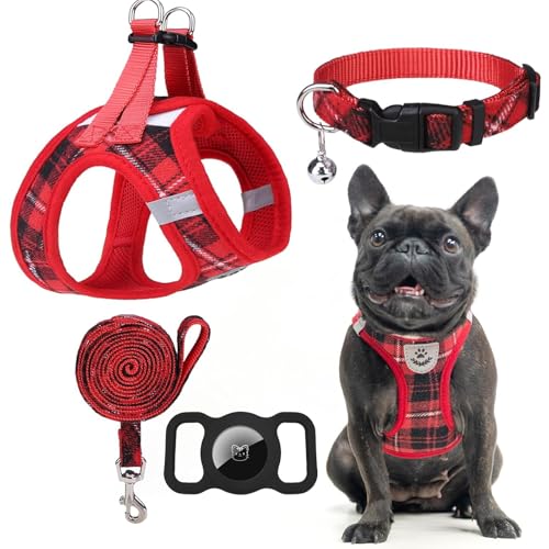 EXPAWLORER Classic Plaid Welpengeschirr – Hundegeschirr und Leine, Set aus Hundehalsband und Leine, Set mit AirTag-Halter, weich gepolstert, kein Ziehen, reflektierend, für den Außenbereich, Rot, von EXPAWLORER