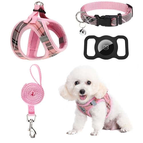 EXPAWLORER Hundegeschirr und Leine – kleines Hundehalsband und Leine – klassisches Kariertes kleines Hundegeschirr für kleine Hunde, ausbruchsicher für Spaziergänge im Freien (mittel, rosa) von EXPAWLORER