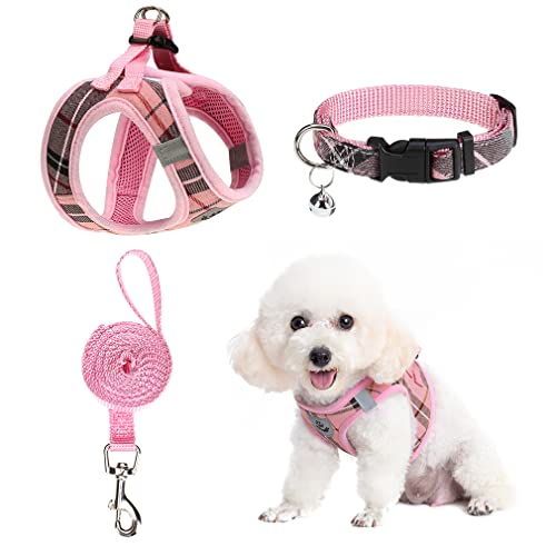 EXPAWLORER Hundegeschirr und Leine – kleines Hundehalsband und Leine – klassisches Kariertes kleines Hundegeschirr für kleine Hunde, ausbruchsicher für Spaziergänge im Freien (mittel, rosa) von EXPAWLORER