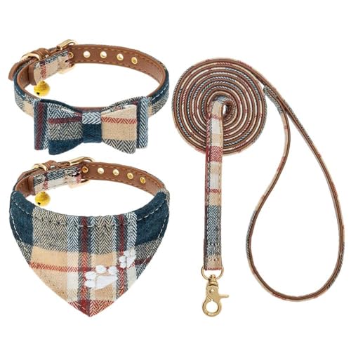 EXPAWLORER Hundehalsband und Leine Set - Klassisches Kariertes Hundehalsband mit Fliege und Pfotenabdruck, Hundehalsband mit niedlicher Glocke, kein Verheddern, verstellbare Halsbänder für Katzen, von EXPAWLORER