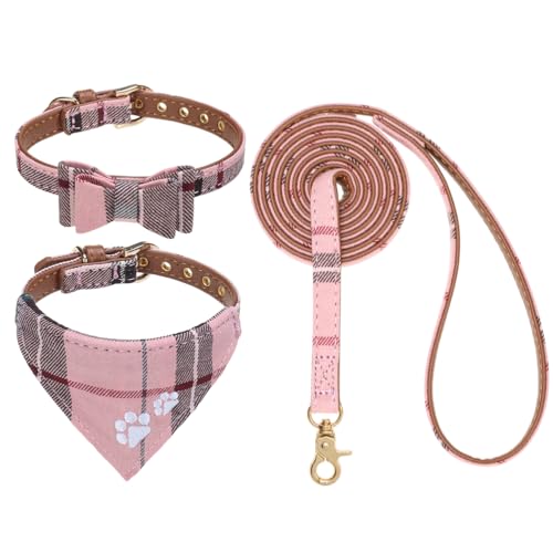 EXPAWLORER Hundehalsband und Leine, Set mit Stickerei, Pfotenabdrücke, kariert, Hundehalsband und Hundeleine, nicht frei, Fliege und Bandana, entzückendes Halsband und Leine für Hunde, Katzen, von EXPAWLORER