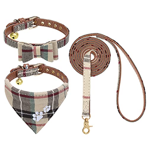 EXPAWLORER Hundehalsband und Leine: Klassisches Kariertes Hundehalsband mit Fliege und Pfotenabdruck, Hundehalsband mit niedlicher Glocke, kein Verheddern, verstellbare Halsbänder für Welpen, kleine von EXPAWLORER