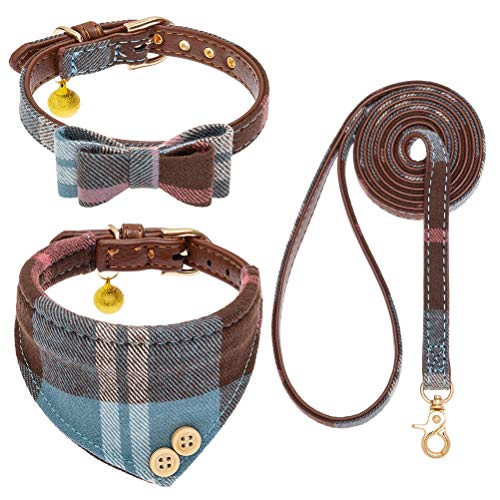 EXPAWLORER Hundehalsband mit Leine - Einstellbarer Hundehalsband mit Tuch Fliege und haltbarer weicher Hundeleine, moderner Halsband und Leine Set für Katze kleine mittelgroße große Hunde, Blau S-M von EXPAWLORER