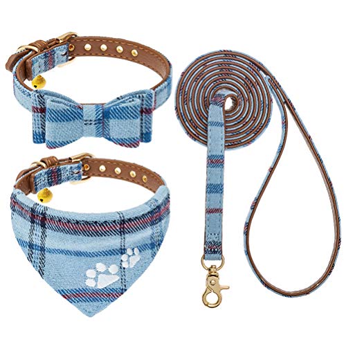 EXPAWLORER Hundehalsband und Leine: Klassisches Kariertes Hundehalsband mit Fliege und Pfotenabdruck, Hundehalsband mit niedlicher Glocke, kein Verheddern, verstellbare Halsbänder für Welpen, kleine von EXPAWLORER