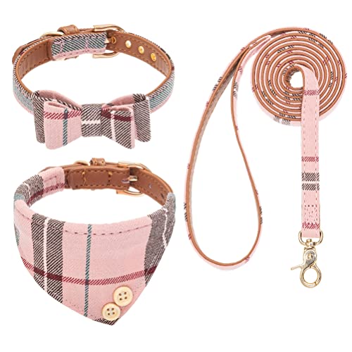 EXPAWLORER Hundehalsband und Leine, Set – klassisch, kariert, niedliche Fliege und Bandana-Halsband, kein Verheddern, verstellbares Welpenhalsband und Leine für kleine, mittelgroße und große Hunde, von EXPAWLORER