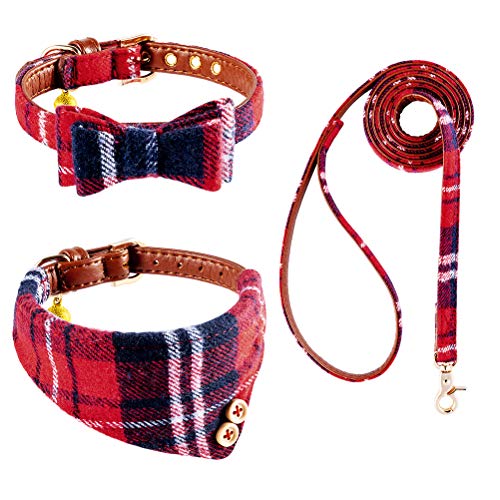 EXPAWLORER Hundehalsband und Leine, Set – klassische karierte Fliege und Hunde-Bandana, Halsband mit Glöckchen, Hundeleine, verhedderungsfrei, verstellbare Halsbänder für kleine, mittelgroße und große von EXPAWLORER