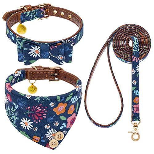 EXPAWLORER Klassische karierte Fliege und Bandana-Halsband mit Glocke und verhedderungsfreier Leine, verstellbar für kleine Hunde, Katzen, Welpen, Blume, Größe XS von EXPAWLORER