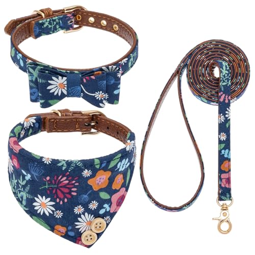 EXPAWLORER Hundehalsband und Leine, Set – klassische karierte Fliege und Hunde-Halstuch, Hundeleine, verhedderungsfrei, verstellbare Halsbänder für mittelgroße Hunde, ideales Geschenk, Blume, Größe M von EXPAWLORER