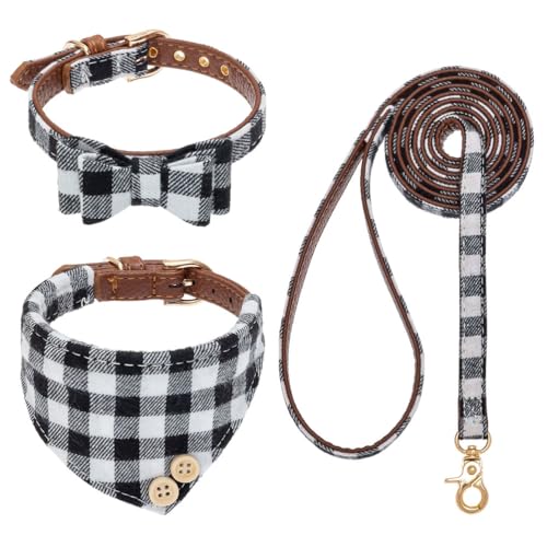 EXPAWLORER Hundehalsband mit Leine - Einstellbarer Hundehalsband mit Tuch und Fliege, haltbarer weicher Hundeleine, moderner Halsband und Leine Set Hund für kleine mittelgroße Hunde, Schwarz Weiß M von EXPAWLORER