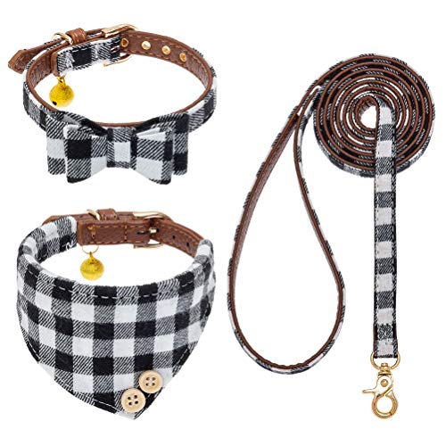 EXPAWLORER Hundehalsband mit Leine - Einstellbarer Hundehalsband mit Tuch und Fliege, haltbarer weicher Hundeleine, moderner Halsband und Leine Set Hund für Katzen und kleine Hunde, Schwarz Weiß XS von EXPAWLORER