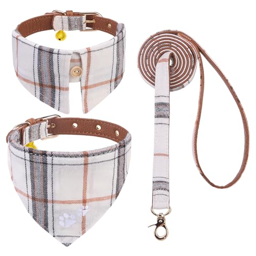 EXPAWLORER Hundehalsband und Leine, Set mit Stickerei, Pfotenabdrücke, kariert, Hundeleine und Halsband, niedliches Hundehalstuch mit Glöckchen, Hundehalsbänder für kleine, mittelgroße Mädchen, von EXPAWLORER