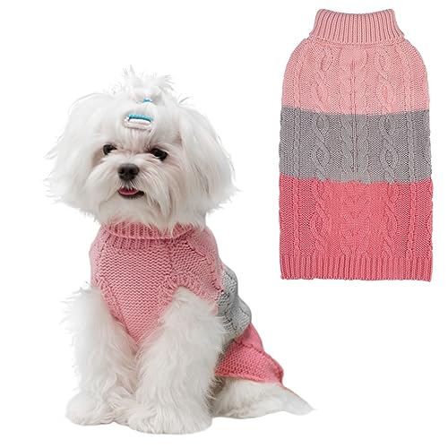 EXPAWLORER Hundepullover – Herbstpullover für große Hunde für Mädchen und Jungen, klassischer Rollkragen-Strick für kaltes Wetter, Zopfstrick-Outfit, Mantel (Rosa und Grau, XL) von EXPAWLORER