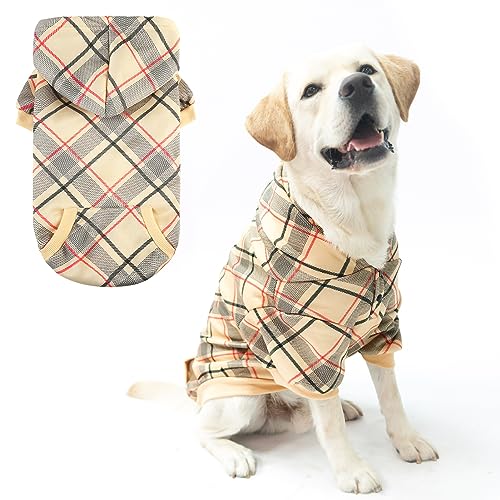 EXPAWLORER Karierter Hunde-Kapuzenpullover – Herbst-Hundepullover mit Leinenloch und Tasche, britischer Stil, weich und warm, Hundekleidung, Sweatshirt, Outfits, Wintermantel für kleine, mittelgroße von EXPAWLORER