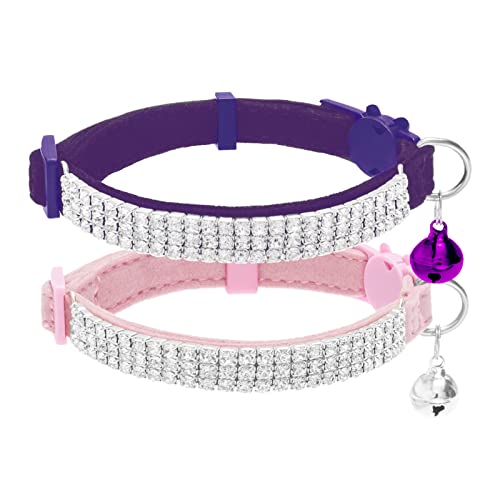 EXPAWLORER Katzenhalsband mit Sicherheitsverschluss, weiches Samtband selbstöffnend mit Glocke und Strass, sicher und verstellbar, idealer Halsband für Katzen & Kleine Hunde, 2 Stück von EXPAWLORER