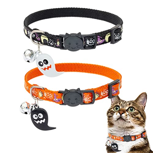 EXPAWLORER Katzenhalsband-Set im Halloween-Stil, leuchtend, verstellbar, mit süßem Geister-Zubehör, langlebiges Halsband mit sicherer Schnalle für Katzen, Kätzchen und kleine Welpen, 2 Stück von EXPAWLORER