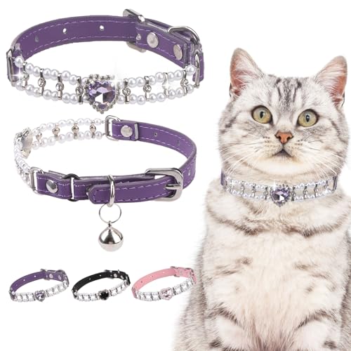 EXPAWLORER Katzenhalsband mit Glöckchen, verstellbar, weiches Leder, Katzenzubehör, lila, niedliches Katzenhalsband mit Sicherheitsgurt, für Mädchen, Innen, Kätzchen, Katzen von EXPAWLORER