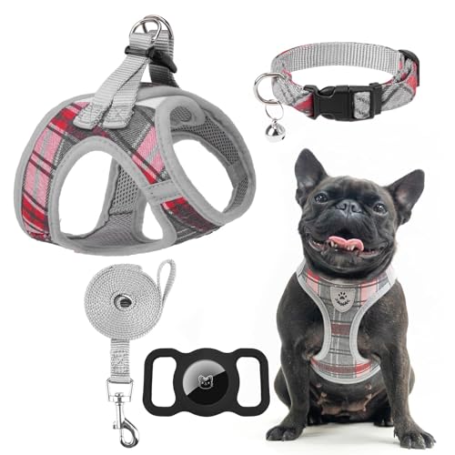 EXPAWLORER Classic Plaid Puppy Harness – Hundegeschirr und Leine, Set aus Hundehalsband und Leine, Set mit AirTag-Halter, weich gepolstert, kein Ziehen, reflektierend, für draußen, Grau, Größe XS von EXPAWLORER