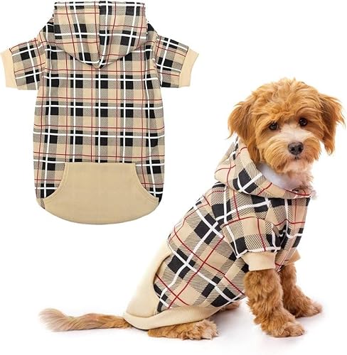 EXPAWLORER Plaid Dog Hoodie - British Style Soft and Warm Dog Sweater with Leash Hole, Hooded Cold Weather Clothes, Dog Sweatshirt, Outfits, Winter Coat for Small Medium Large Dogs von EXPAWLORER