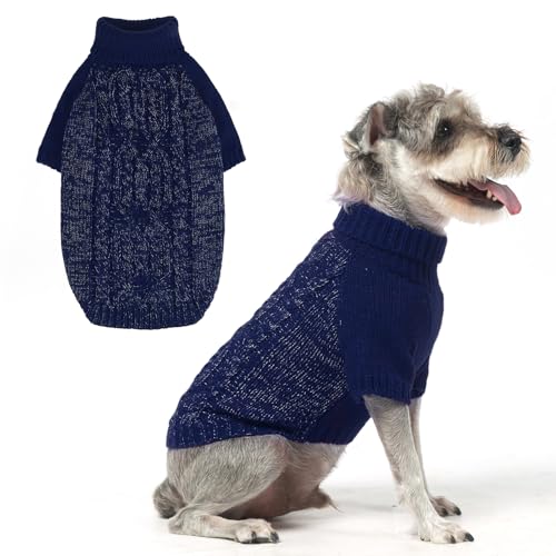 EXPAWLORER Pullover für kleine Hunde, Fleece, Strickwaren mit Loch für die Leine, Rollkragen, Herbstkleidung mit reflektierendem Garn für kleine, mittelgroße Hunde, Welpen, Marineblau, Größe S von EXPAWLORER