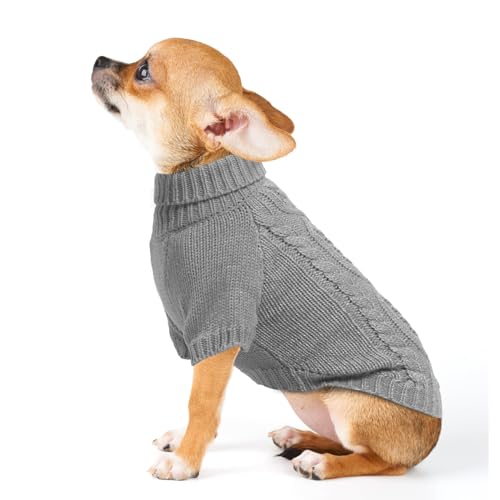 EXPAWLORER Pullover für kleine Hunde – Fleece-Pullover, Strickwaren mit Loch für die Leine, Rollkragen, Herbstkleidung für Hunde, mit reflektierendem Garn für kleine, mittelgroße Hunde, Welpen, Grau, von EXPAWLORER