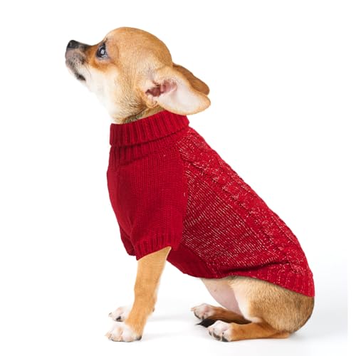 EXPAWLORER Pullover für kleine Hunde – Fleece-Pullover, Strickwaren mit Loch für die Leine, Rollkragen, Herbstkleidung für Hunde, mit reflektierendem Garn für kleine, mittelgroße Hunde, Welpen, Rot, von EXPAWLORER