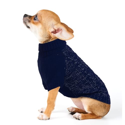 EXPAWLORER Pullover für kleine Hunde – Fleece-Pullover, Strickwaren mit Loch für die Leine, Rollkragenpullover mit reflektierendem Garn für kleine, mittelgroße Hunde, Welpen, Marineblau, Größe XS von EXPAWLORER