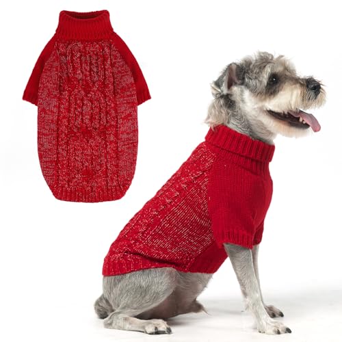 EXPAWLORER Pullover für kleine Hunde – Fleecepullover mit Loch für die Leine, Rollkragen, Herbstkleidung für Hunde, Urlaubskleidung mit reflektierendem Garn für kleine, mittelgroße Hunde, Welpen, Rot, von EXPAWLORER