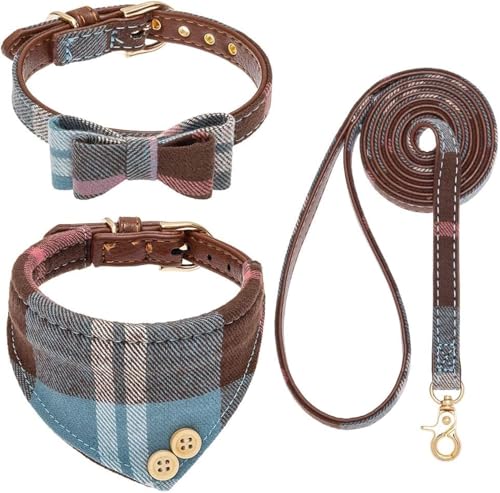 EXPAWLORER Hundehalsband und Leine, Set – klassisch, kariert, niedliche Fliege und Bandana-Halsband, kein Verheddern, verstellbares Welpenhalsband und Leine für kleine, mittelgroße und große Hunde, von EXPAWLORER