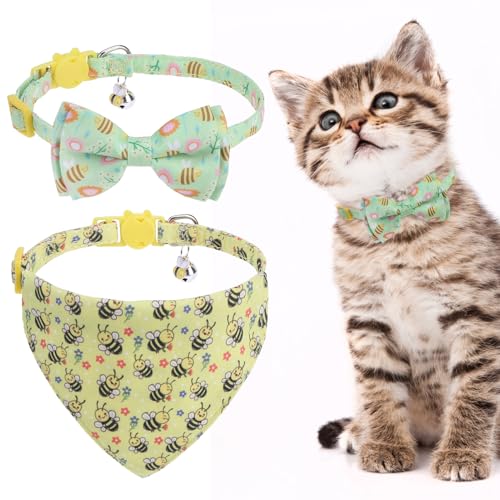 EXPAWLORER Spring Katzenhalsband mit Glöckchen – 2 Stück, niedliches Blumen-Katzenhalsband mit abnehmbarer Fliege und Bandana, verstellbares Sicherheitskätzchenhalsband mit Bienen-Anhängern für von EXPAWLORER