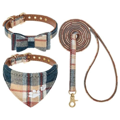 EXPAWLORER Stickerei Hundehalsband mit Leine - Verstellbarer Hundehalsband und Leine Set, weicher schöner Hundehalsband mit Tuch und Schleife, modernes Design ideal für Katzen und Hunde, Beige M von EXPAWLORER