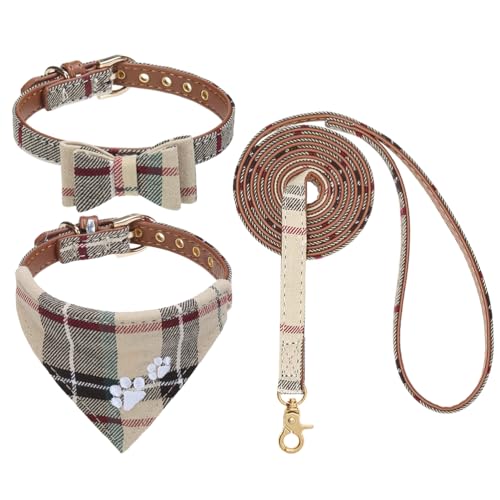 EXPAWLORER Stickerei Hundehalsband mit Leine - Verstellbarer Hundehalsband und Leine Set, weicher schöner Hundehalsband mit Tuch und Schleife, modernes Design ideal für Katzen und Hunde, Braun M von EXPAWLORER